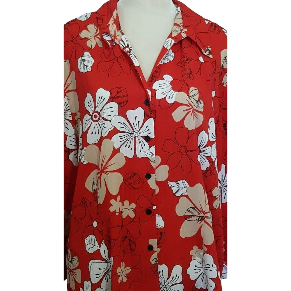Vtg Apparenza Women's Top Shirt 2X Button Front Red floral 3/4 Cuffed Sleeve - Picture 2 of 8